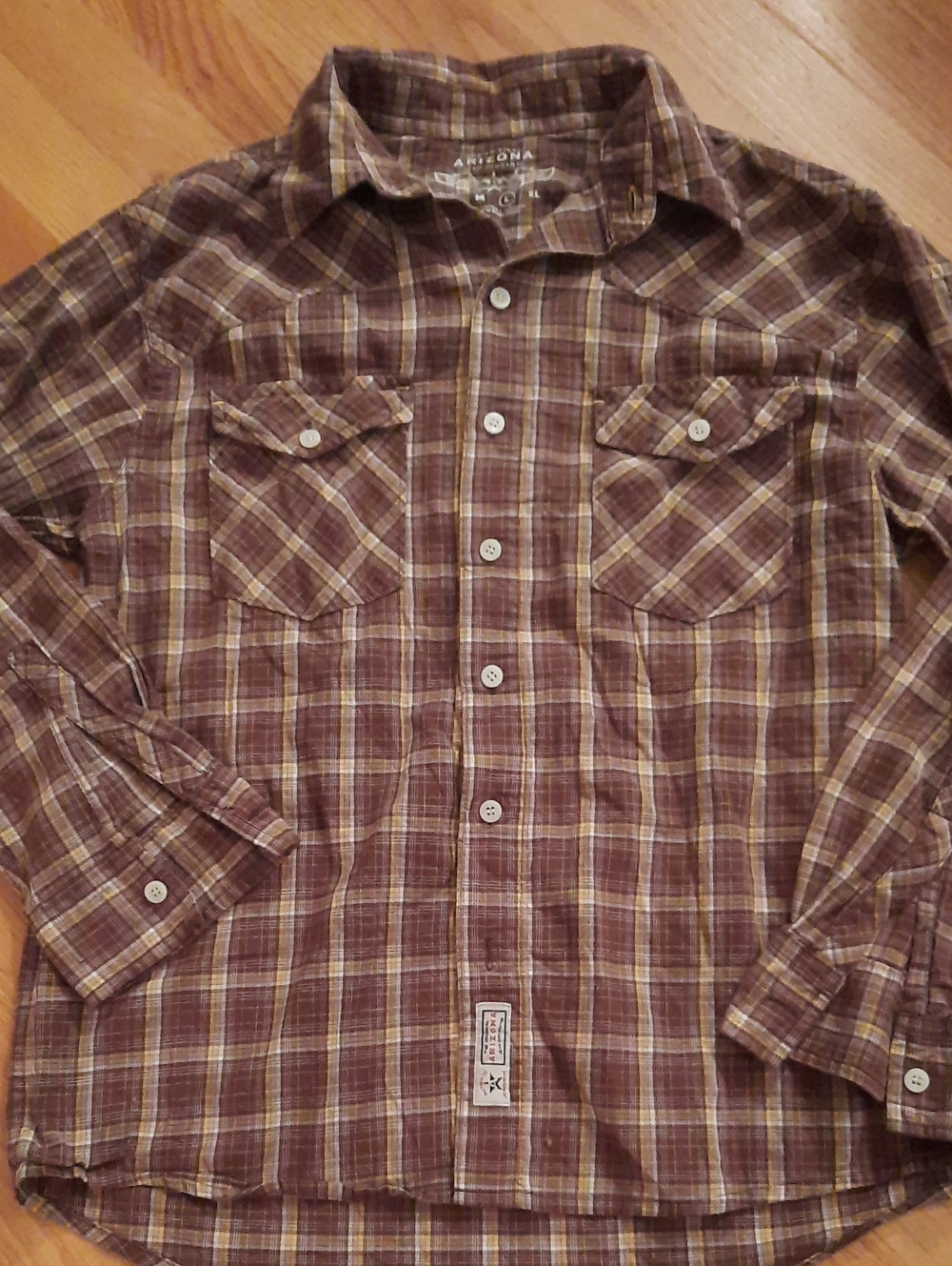 Large Boy Arizona Jean Company Brown and Tan Plaid Button-Down Shirt Western L